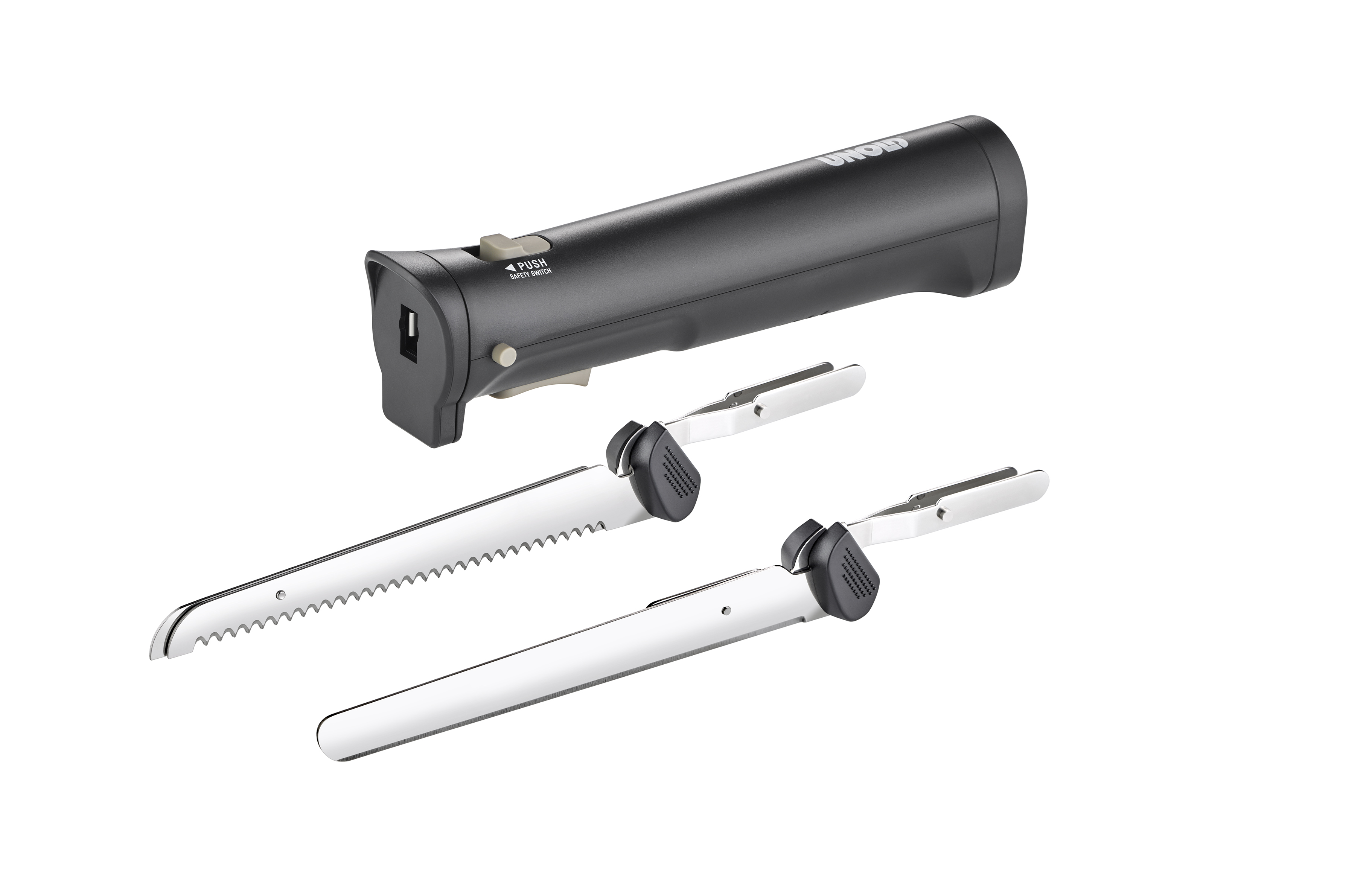 Schwarzes elektrisches Tranchiermesser mit zwei Klingen auf Weiß. Enthält einen schwarzen Griff mit grauer Taste.