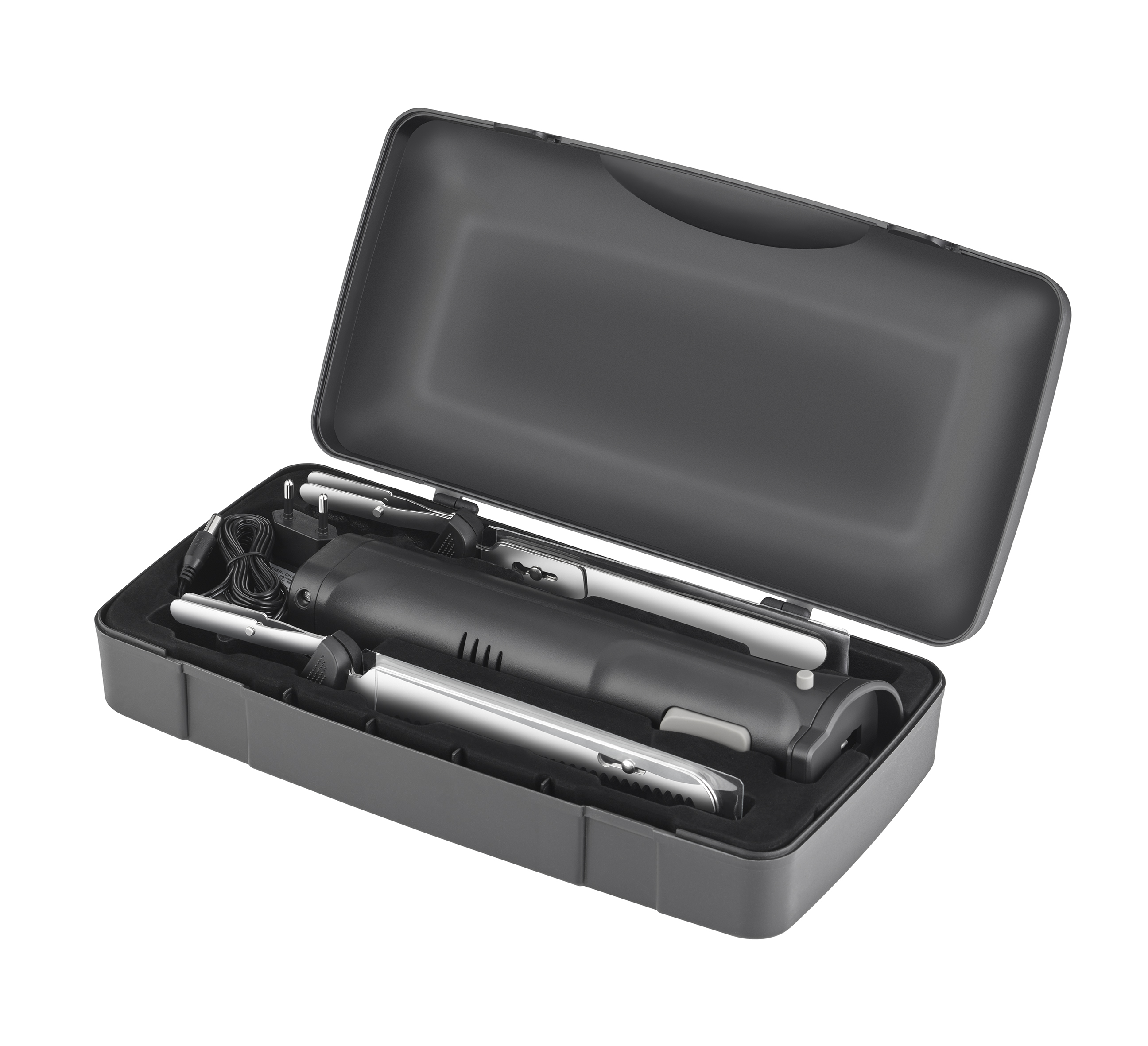 Offener schwarzer Koffer mit elektrischem Tranchiermesser-Set.