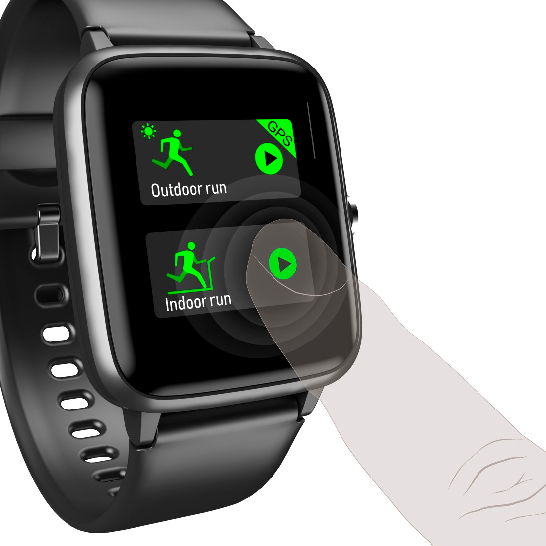 Schwarzer Smartwatch-Bildschirm mit Outdoor- und Indoor-Laufoptionen, Finger berührt Bildschirm.