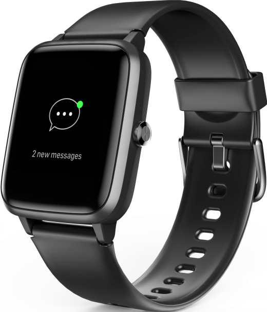 Schwarze Smartwatch mit schwarzem Armband, zeigt 2 neue Nachrichten auf dem Bildschirm.