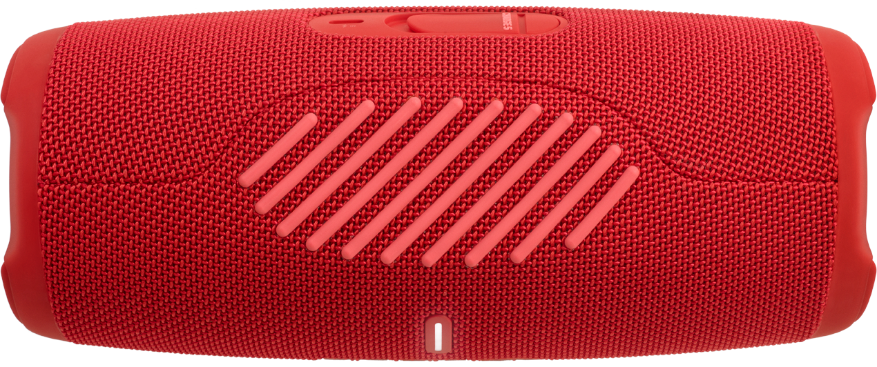 Red JBL Charge speaker with a mesh front, isolated on a white background.