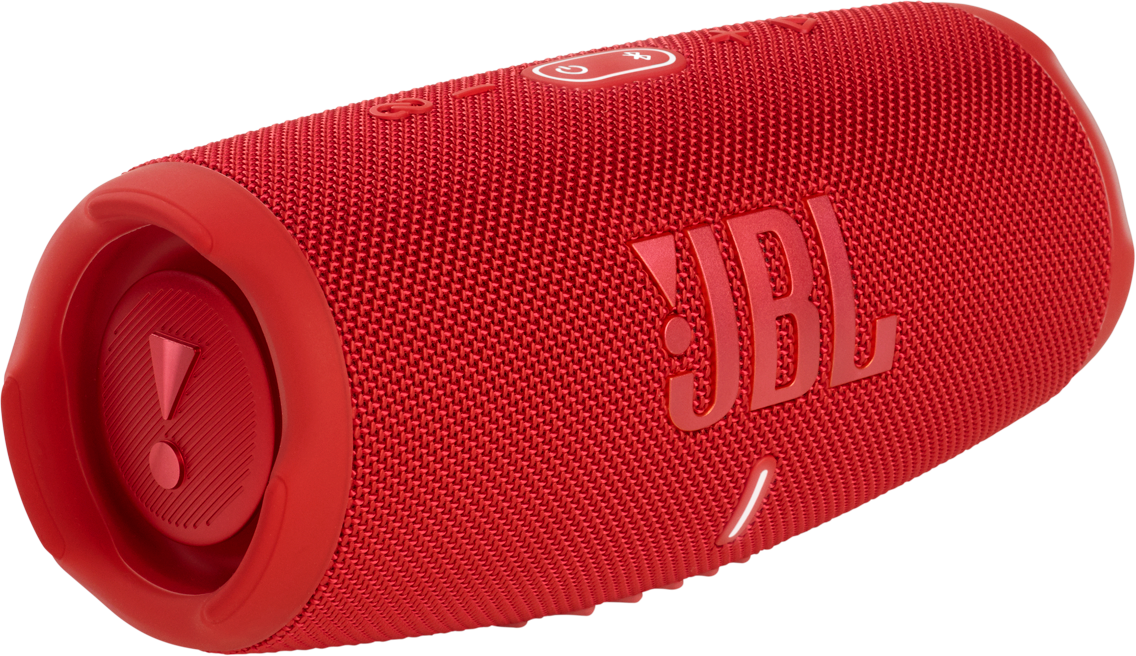 Red JBL speaker. Cylindrical with buttons and a speaker grill.