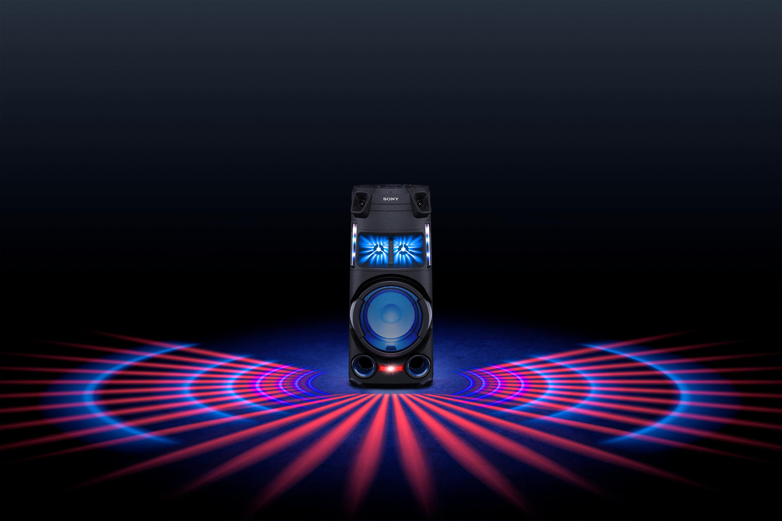 Ein schwarzer Sony-Lautsprecher mit blauen Lichtern und Schallwelleneffekten auf dunklem Hintergrund.