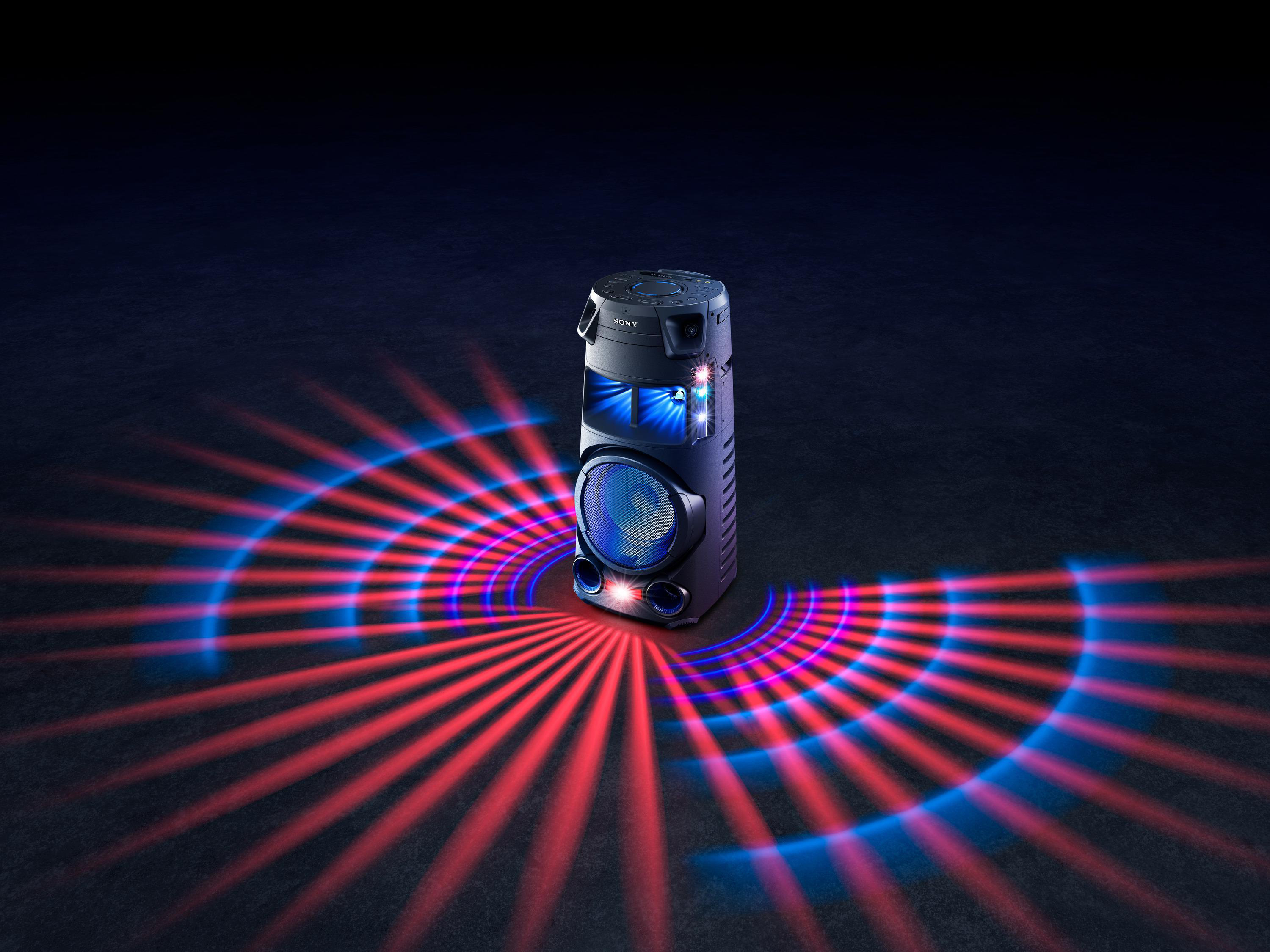 Ein Sony-Lautsprecher mit roten und blauen Lichtstrahlen. Der Lautsprecher hat einen dunklen Hintergrund.