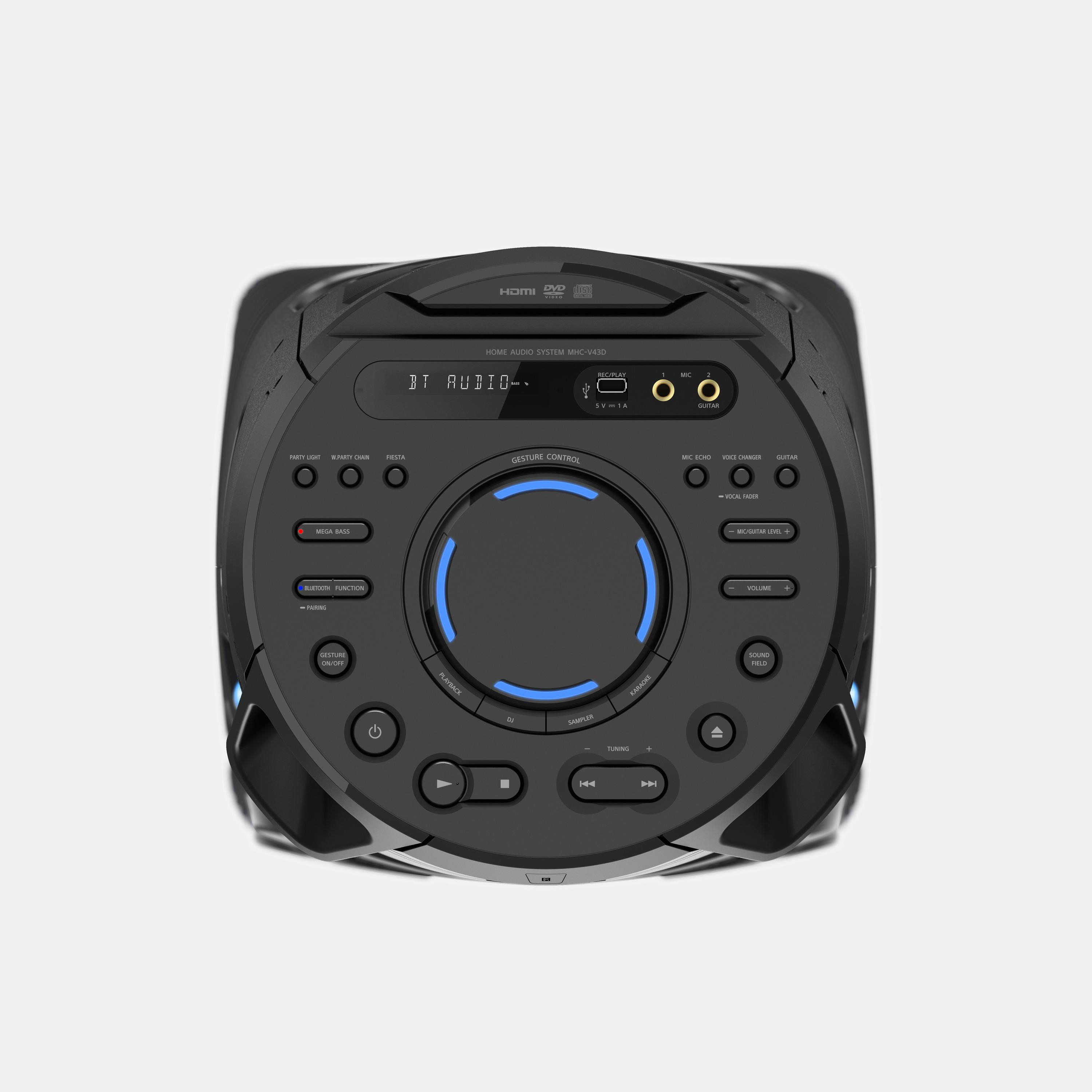 Ein schwarzes Home-Audio-System mit mehreren Knöpfen und blauem Licht.