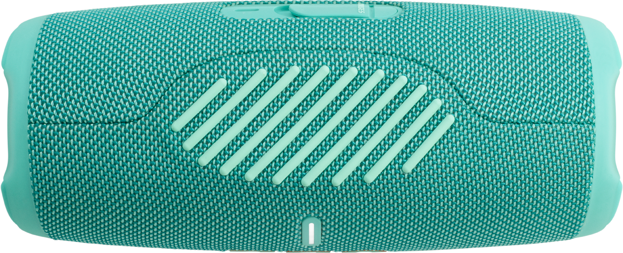 Teal JBL Charge 5 speaker, side view, with the brand name and a fabric texture.