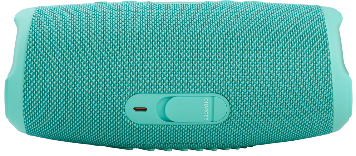 Teal JBL Charge 5 speaker with control panel and charge port.