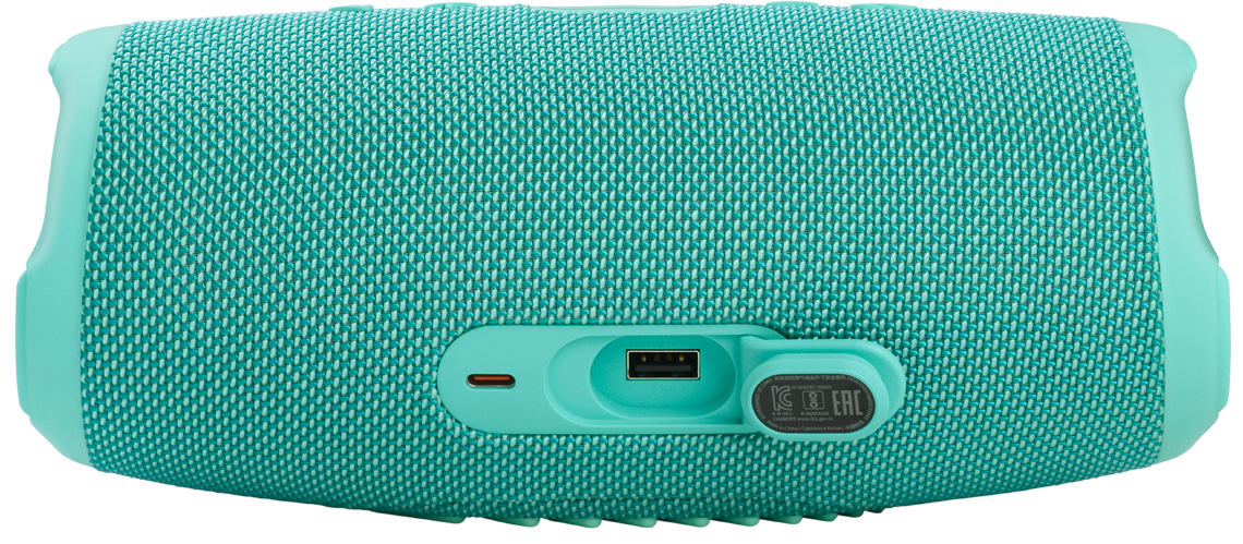 A turquoise JBL speaker with USB and charging ports.