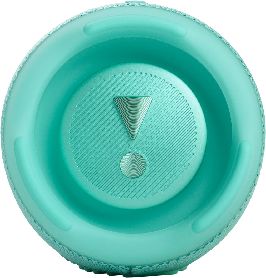A teal, cylindrical speaker with a textured surface. An exclamation point is in the center.