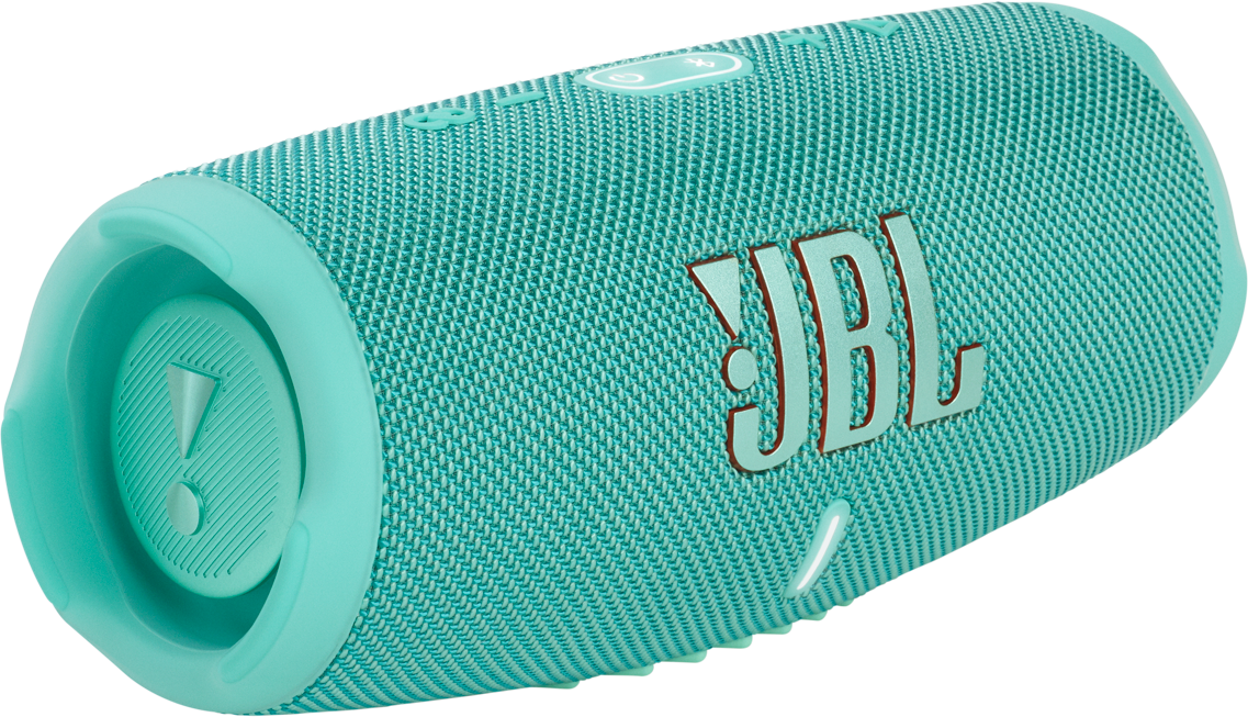 Teal JBL speaker with the JBL logo. It has a cylindrical shape, with control buttons on the sides.