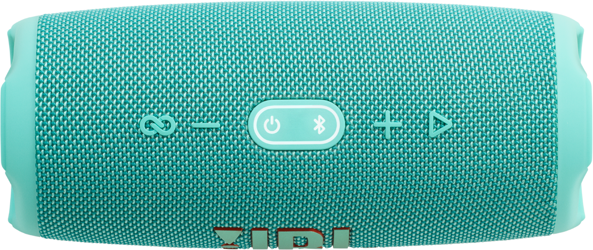 A teal speaker with control buttons. Buttons include power, Bluetooth, volume, and play.