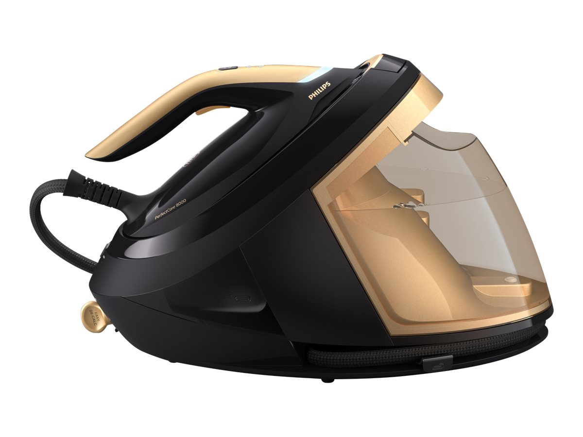 Schwarz-goldenes Philips PerfectCare 8000er Serie Bügeleisen mit Wassertank.