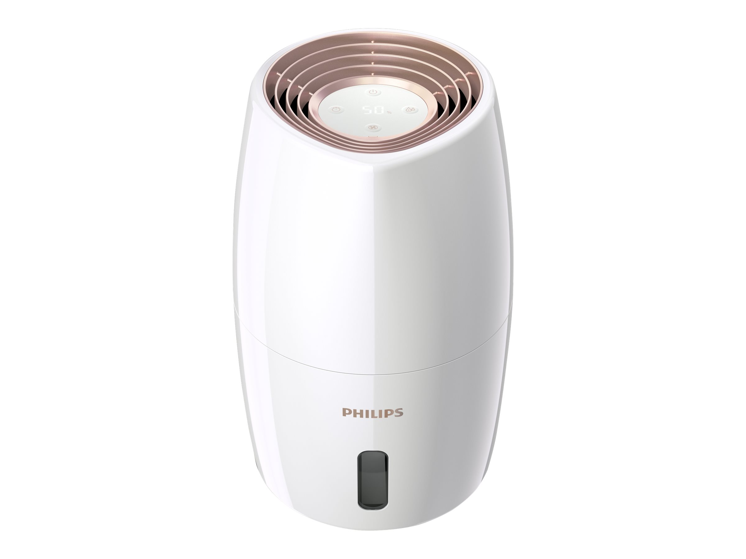 Purificateur d'air Philips blanc avec des accents cuivrés. Le design est ovale, le dessus a un écran.