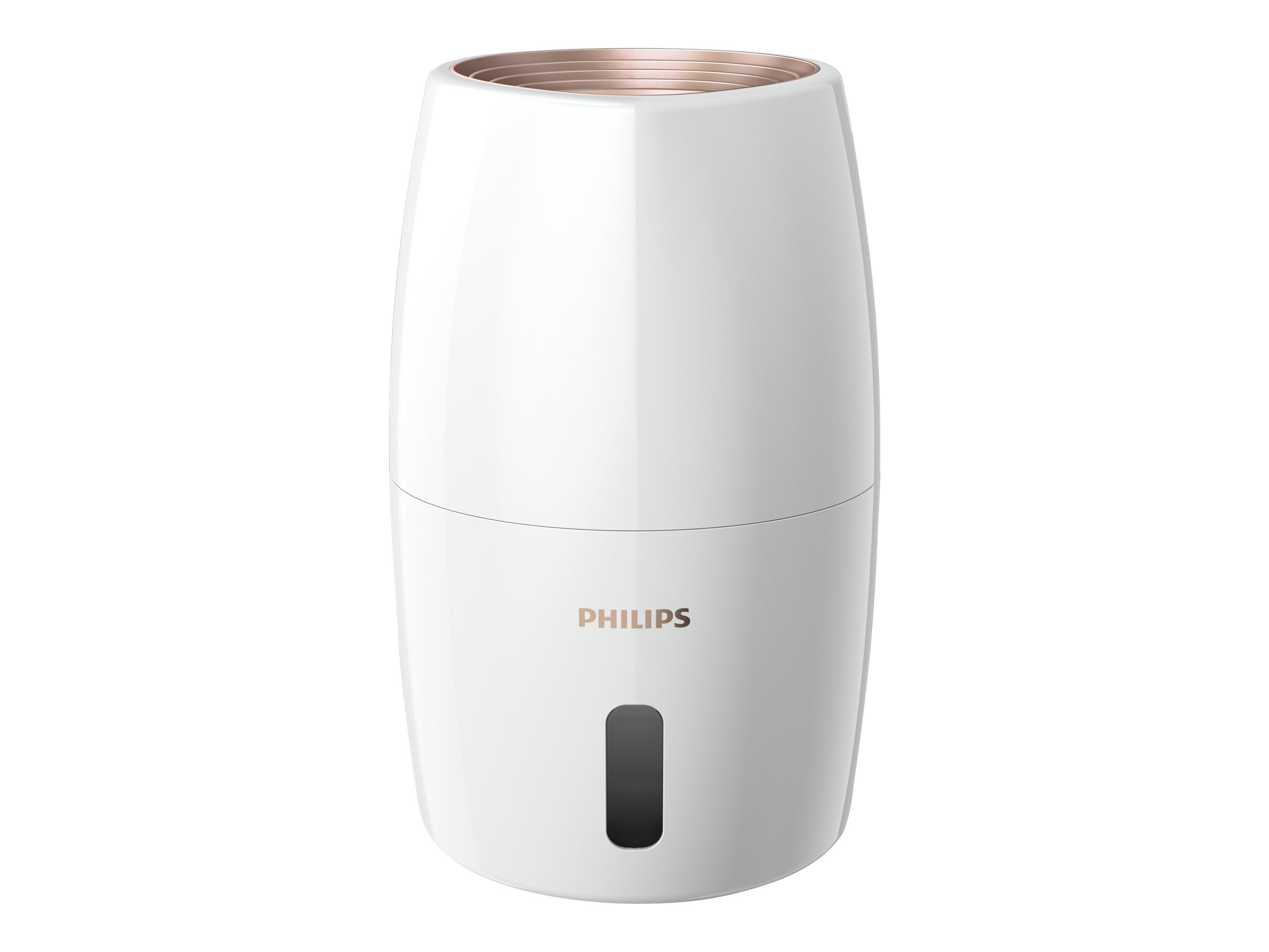 Humidificateur blanc de forme ovale avec des accents dorés et une fenêtre de niveau d'eau noire à la base.