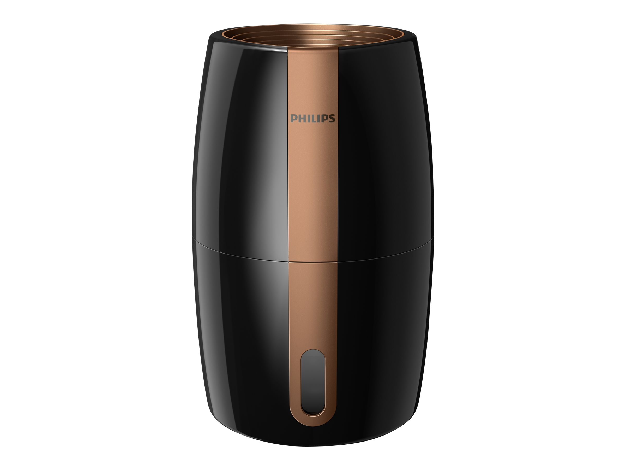 Schwarzer und kupferfarbener Philips Luftreiniger auf weißem Hintergrund. Ovale Form mit Kupferstreifen.