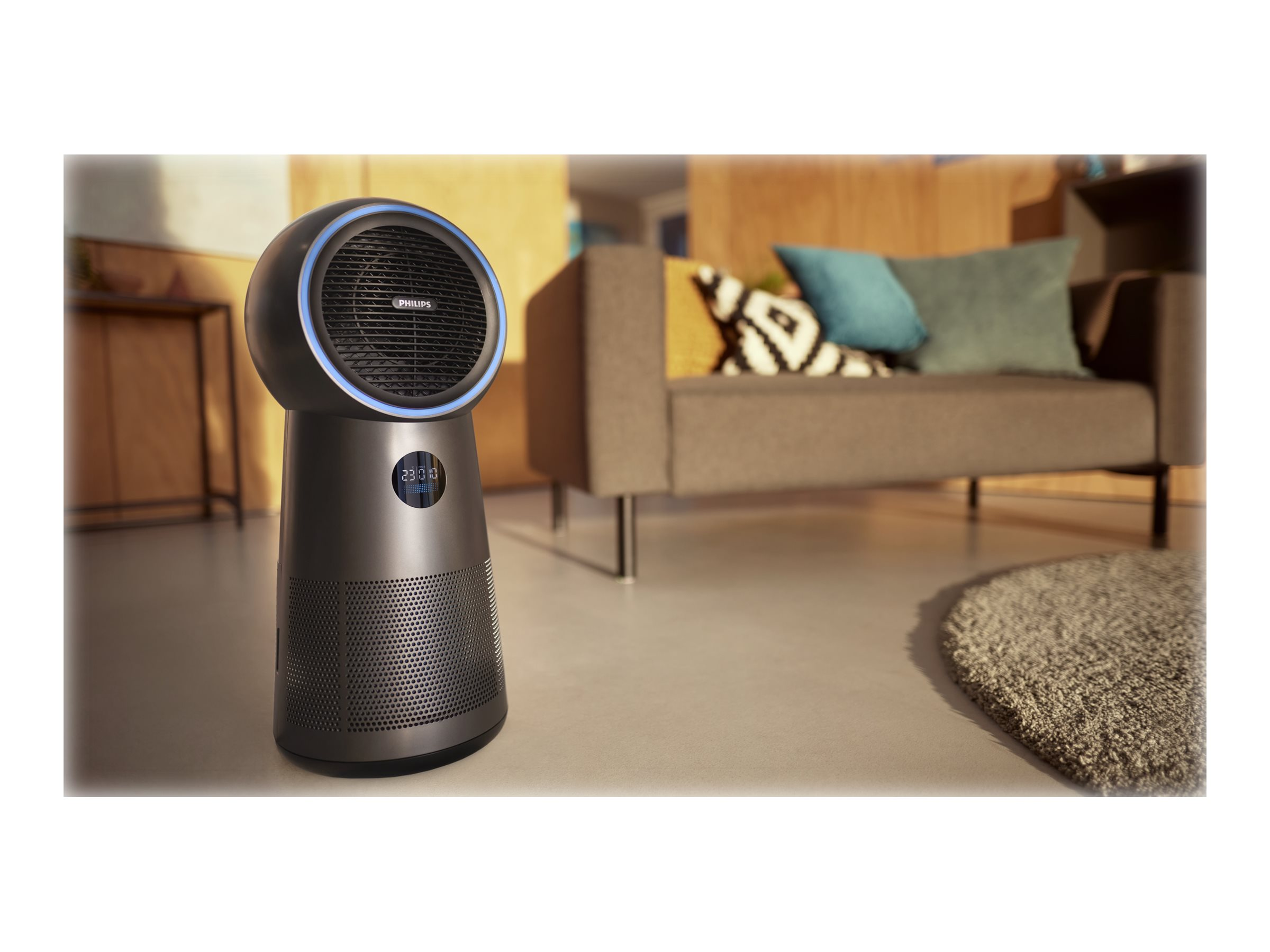 Dunkelgrauer Philips Luftreiniger, mit blauem Lichtring und Digitalanzeige 23.