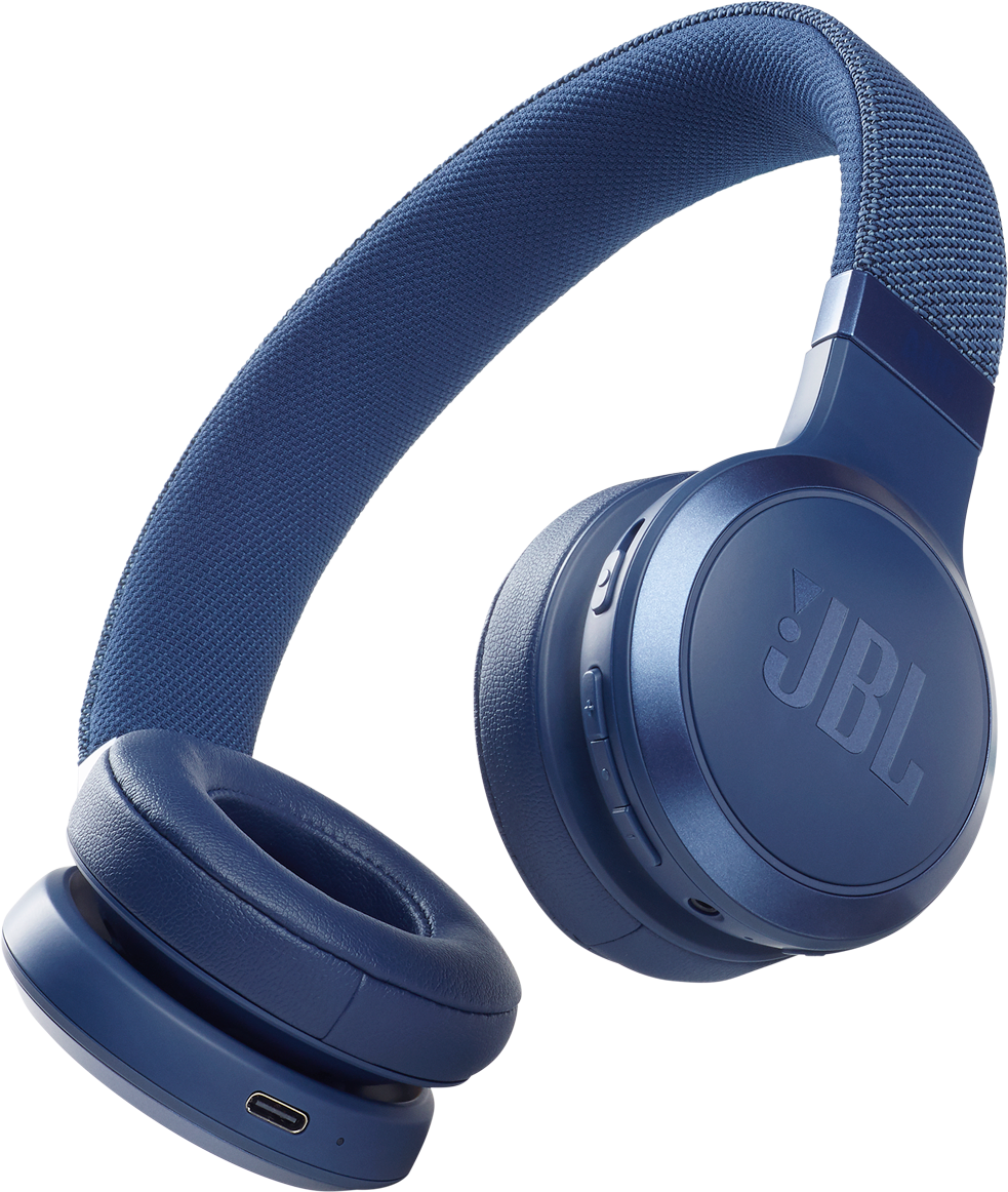 Blauwe JBL koptelefoon op een wit oppervlak, met oorschelpen en hoofdband.