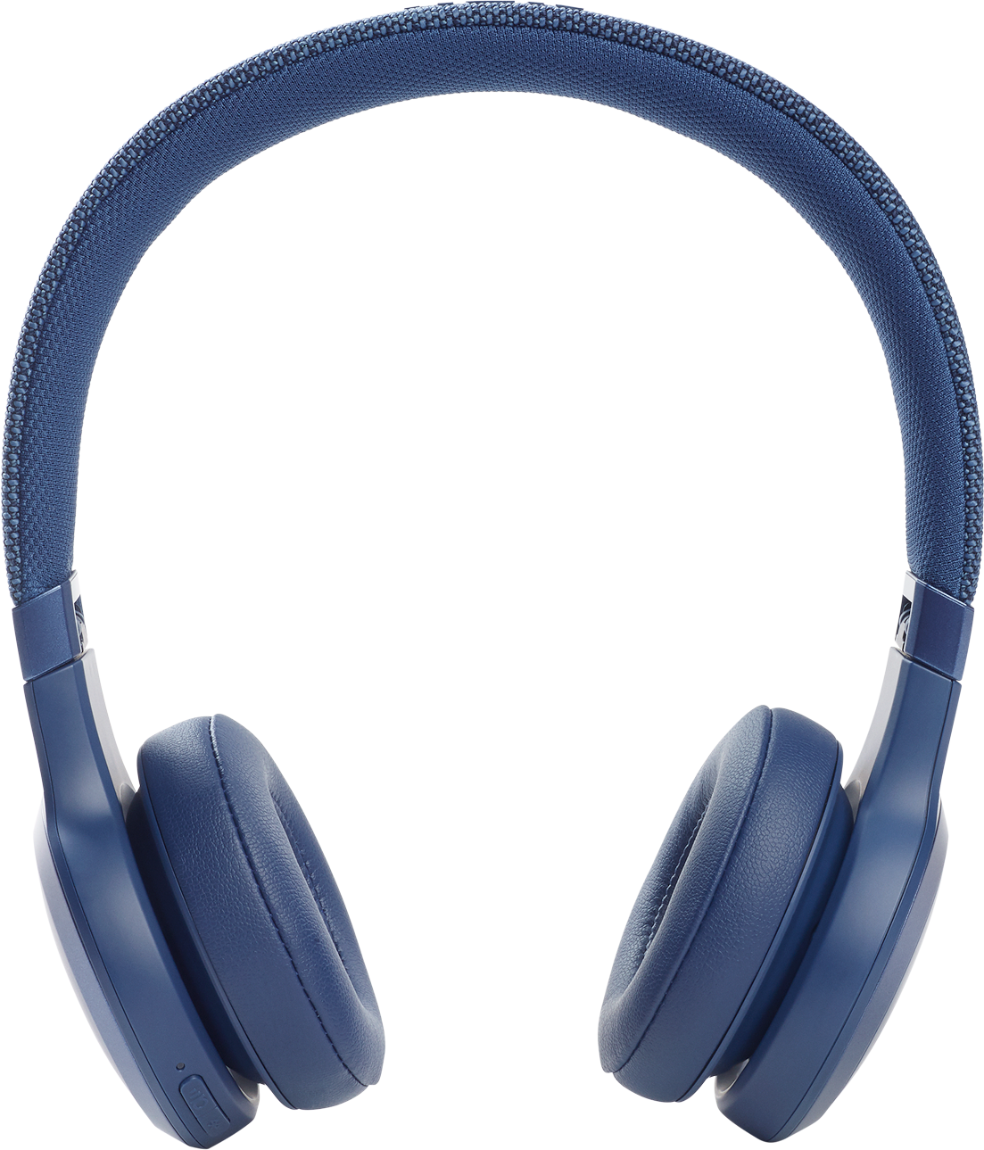 Blauwe koptelefoon. Ze zijn over-ear stijl, met een gewatteerde hoofdband en oorschelpen.