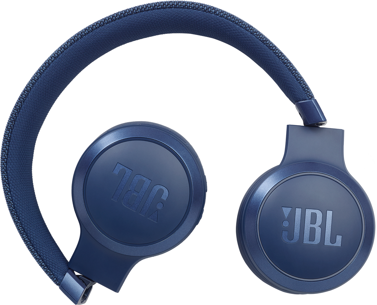 Blauwe JBL-hoofdtelefoon met het merklogo zichtbaar.