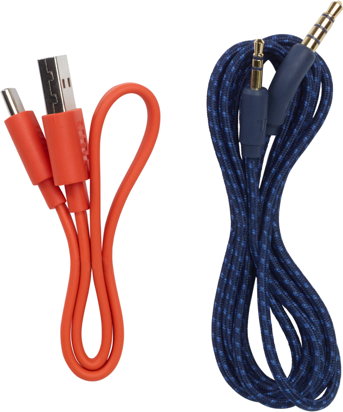 Twee oplaadkabels: een oranje USB naar micro-USB en een blauwe audiokabel.