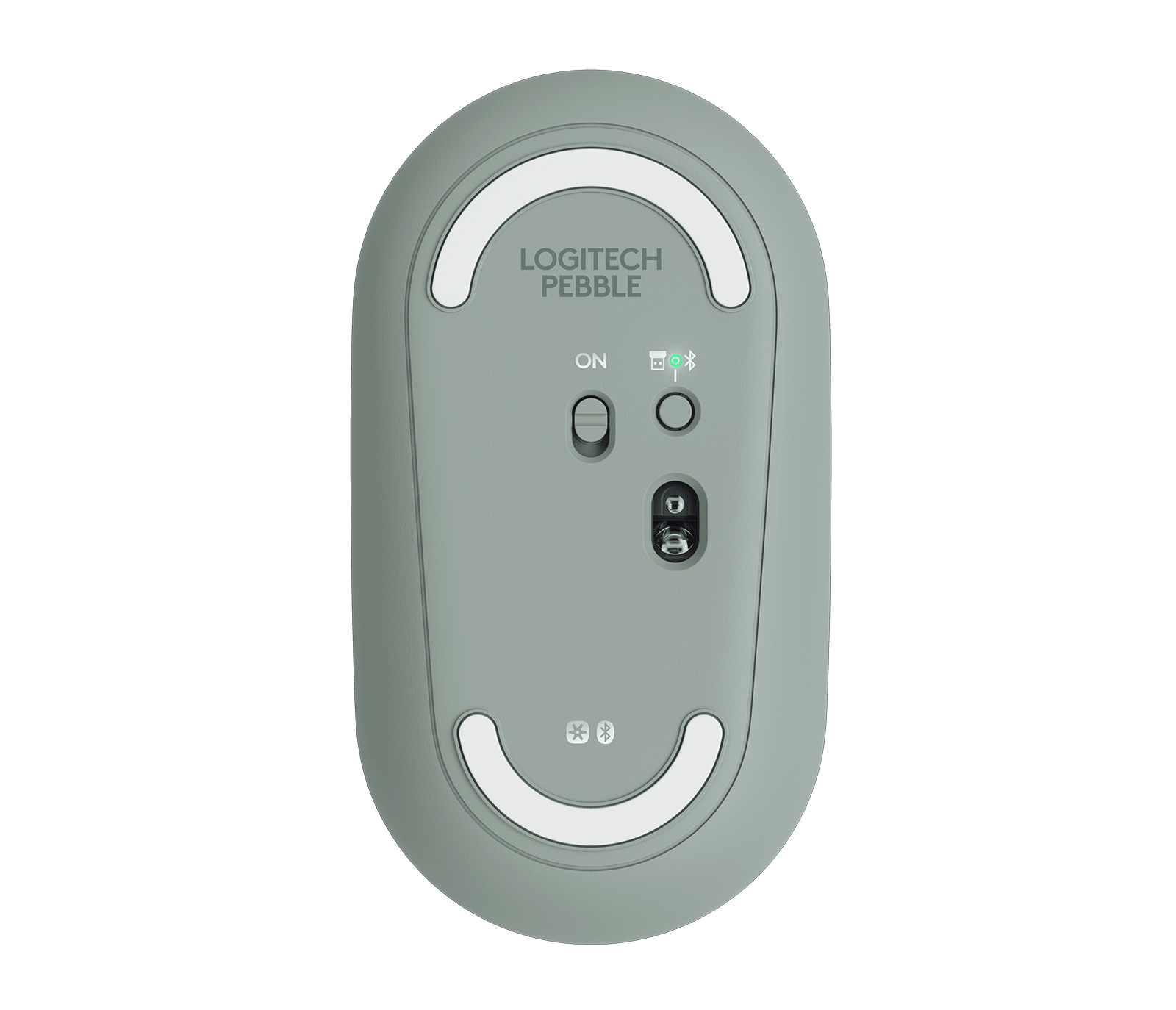 Açık yeşil Logitech Pebble M350 fare alt tarafı, düğmeleri ve işaretleri gösteriyor.