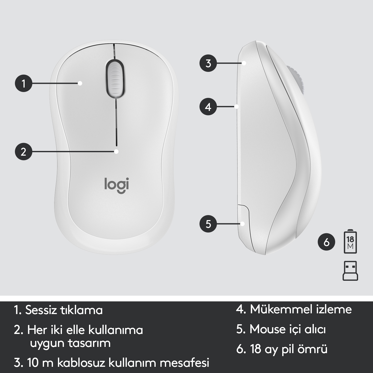 Metin ve sayılar içeren beyaz bir Logitech fare.