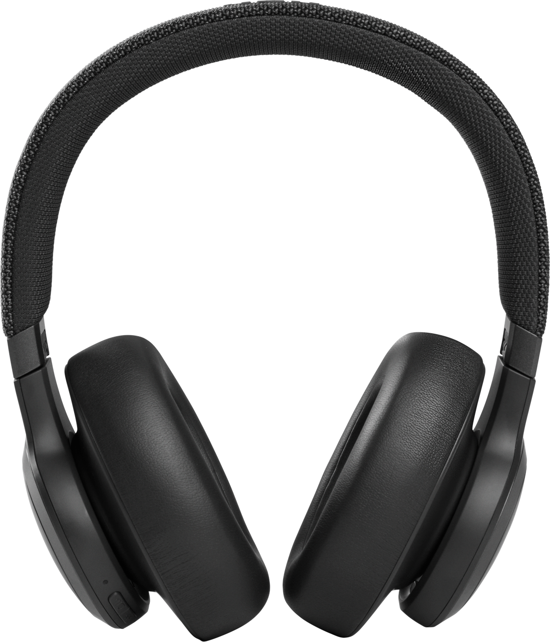 Zwarte JBL koptelefoon, over-ear stijl. De koptelefoon staat op een zwarte achtergrond.