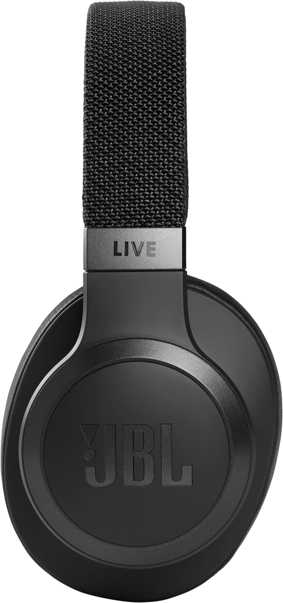 Zwarte JBL koptelefoon, close-up, met 'LIVE' op de hoofdband en logo op de oorschelp.