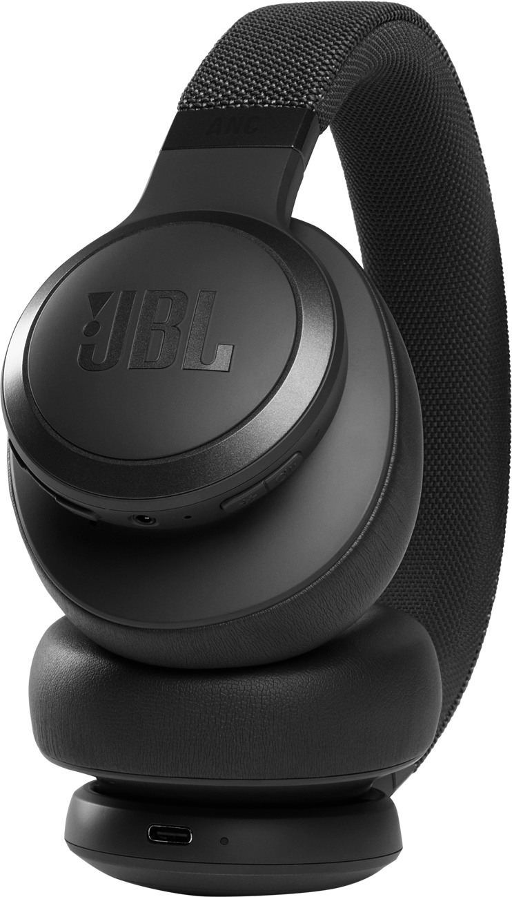 Zwarte JBL-hoofdtelefoon met een stoffen hoofdband en oorschelpen.