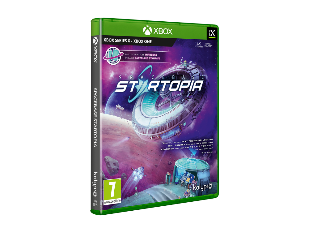 La parte frontal de una caja de videojuego verde y negra para el juego Spacebase Startopia.