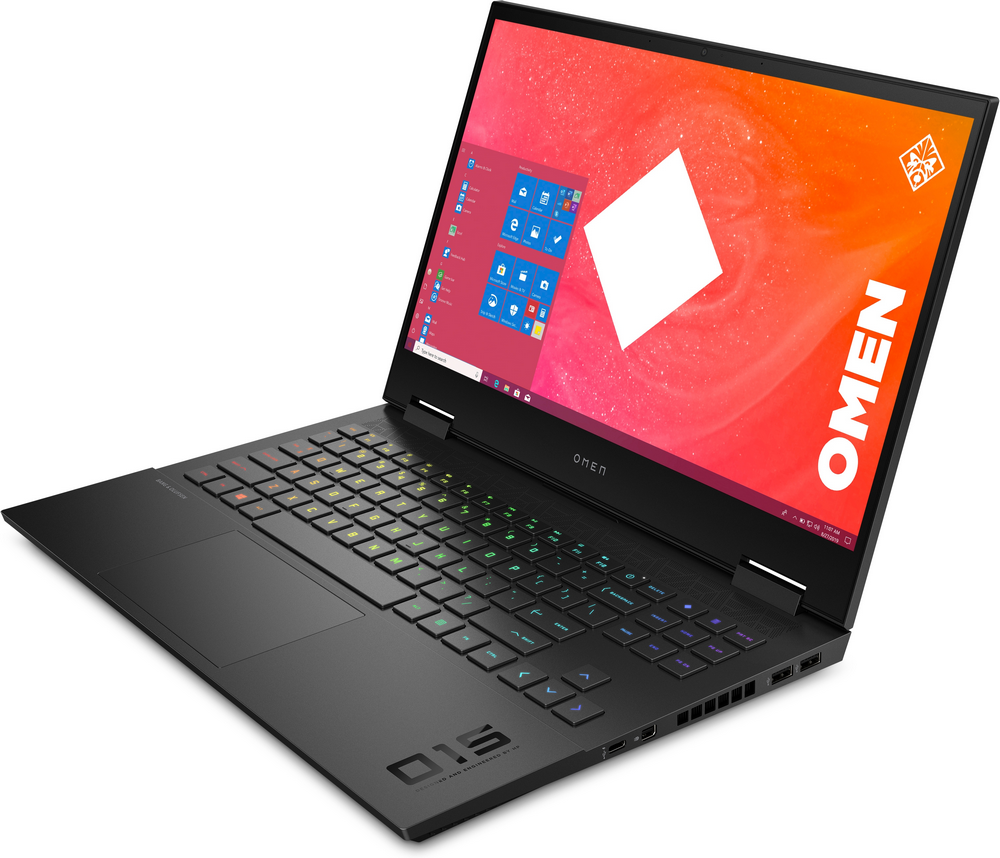 Portátil OMEN negro y rojo. La pantalla muestra un escritorio Windows.