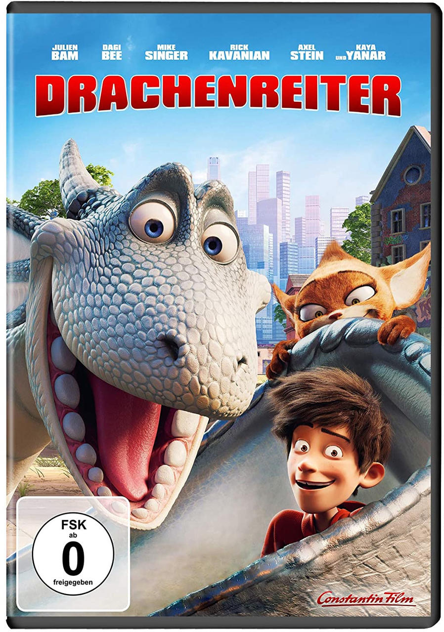 DVD-Cover von Drachenreiter, Cartoon mit einem Drachen, einem Jungen und einem Fuchs.