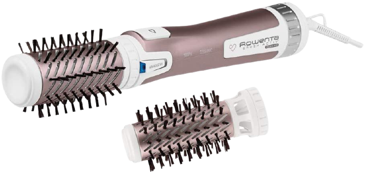 Ein rosa-weißer Haarstyler mit zwei Aufsätzen.