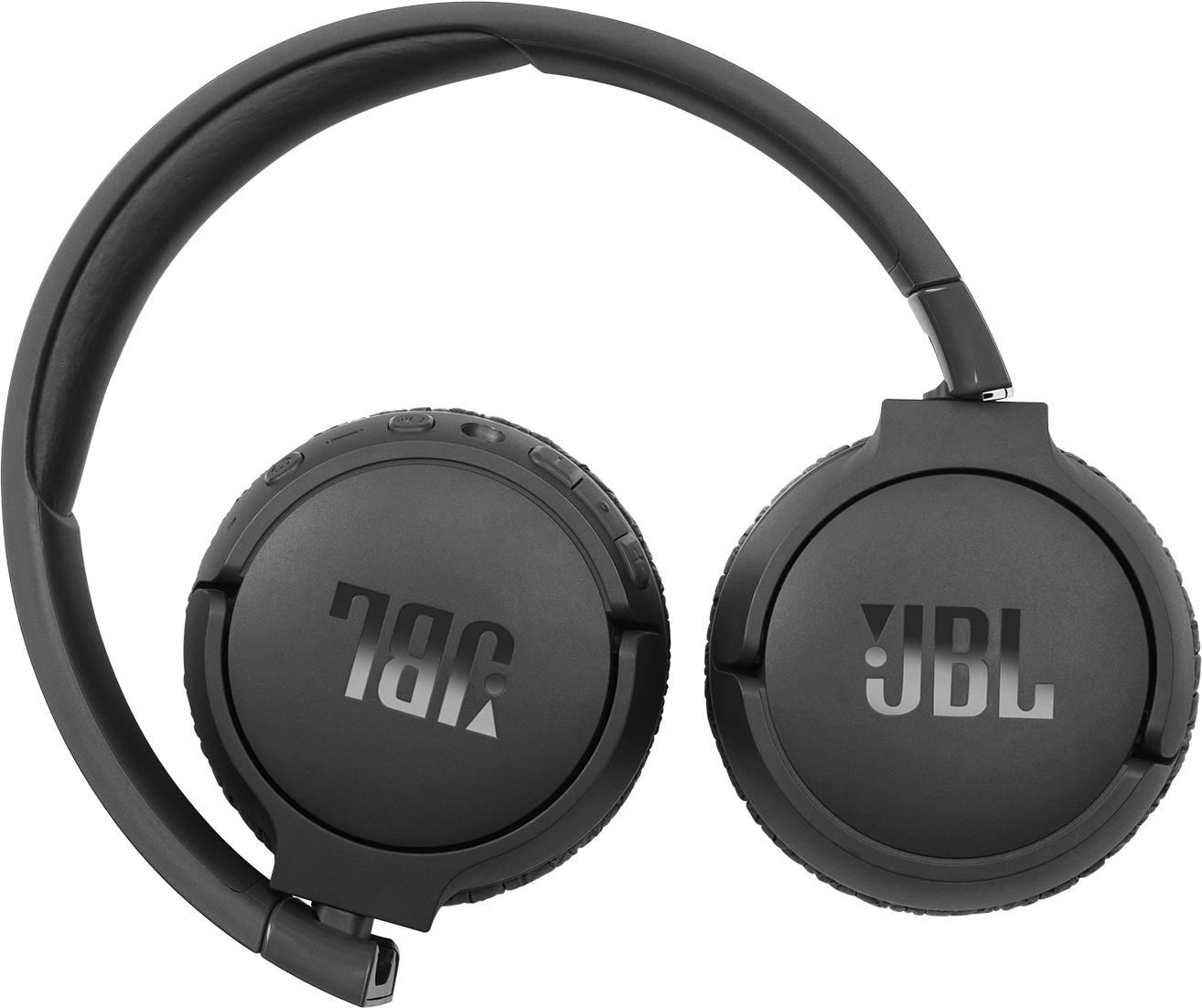 Zwarte JBL-koptelefoon op een zwarte achtergrond.