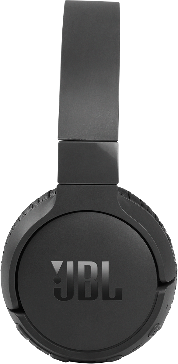 Zwarte JBL koptelefoon, bovenaanzicht. Het JBL-logo is prominent weergegeven op de oorschelp.