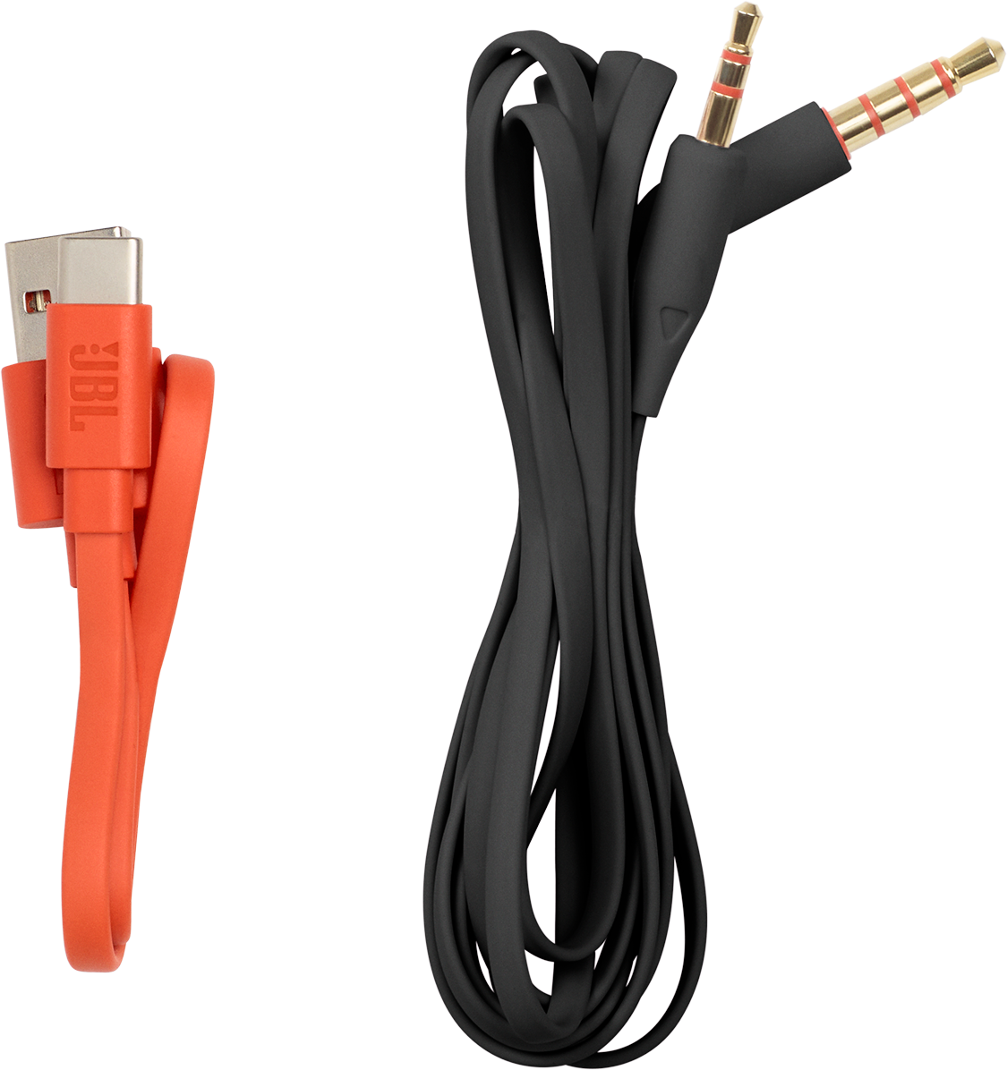 Oranje USB- en zwarte aux-kabels. De oranje kabel heeft een USB-connector en het JBL-logo.