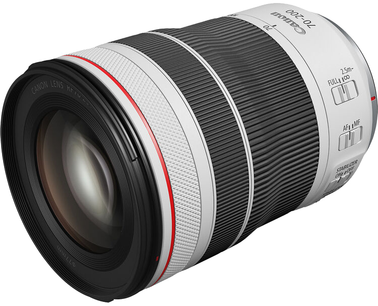 Canon 70-200 mm-es objektív. Fehér fekete és piros részletekkel. Van fókusz- és stabilizátorszabályozás.