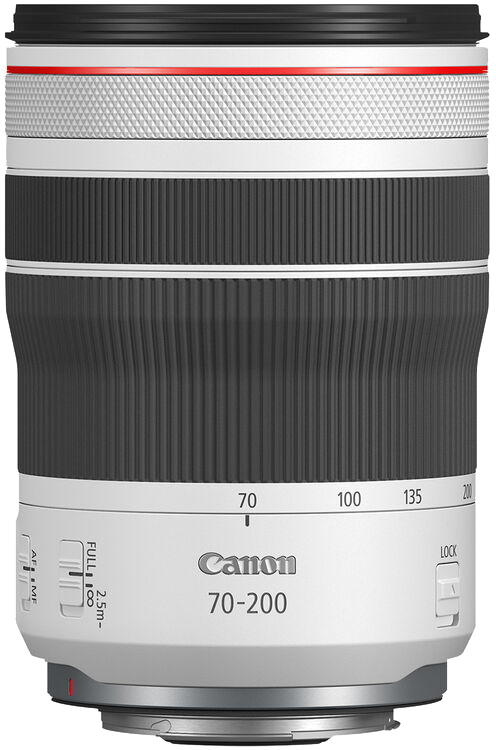 Egy fehér Canon 70-200 mm-es fényképezőgép objektív piros csíkkal. Az objektíven különféle jelölések találhatók.