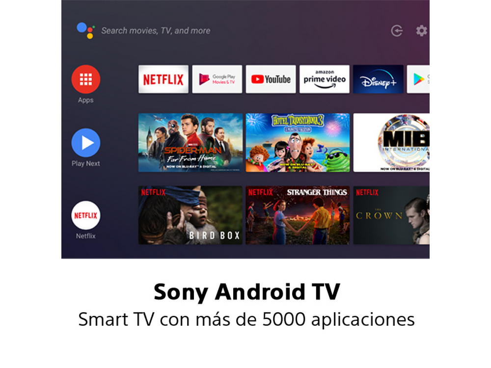 Pantalla de Sony Android TV que muestra iconos de aplicaciones, con un logotipo y texto de Sony Android TV.