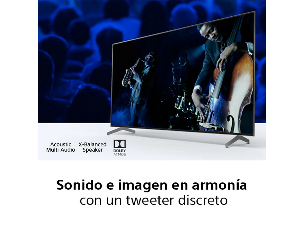 Un televisor Sony grande con texto sobre sonido e imagen, y músicos tocando en un escenario.