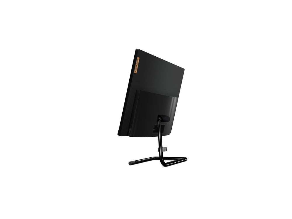 Monitor de computadora negro con soporte plateado, vista en ángulo.