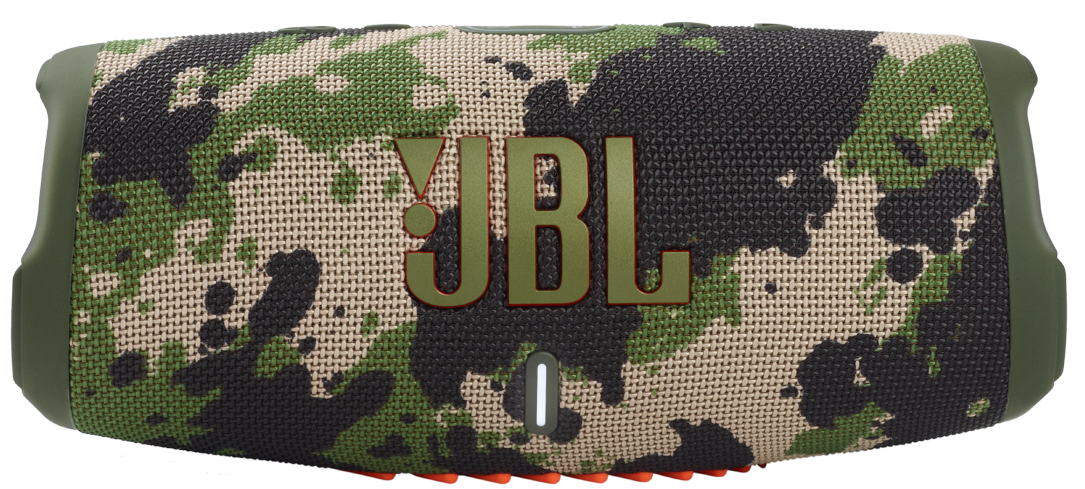 Een camouflage JBL-luidspreker, met het JBL-logo in oranje.