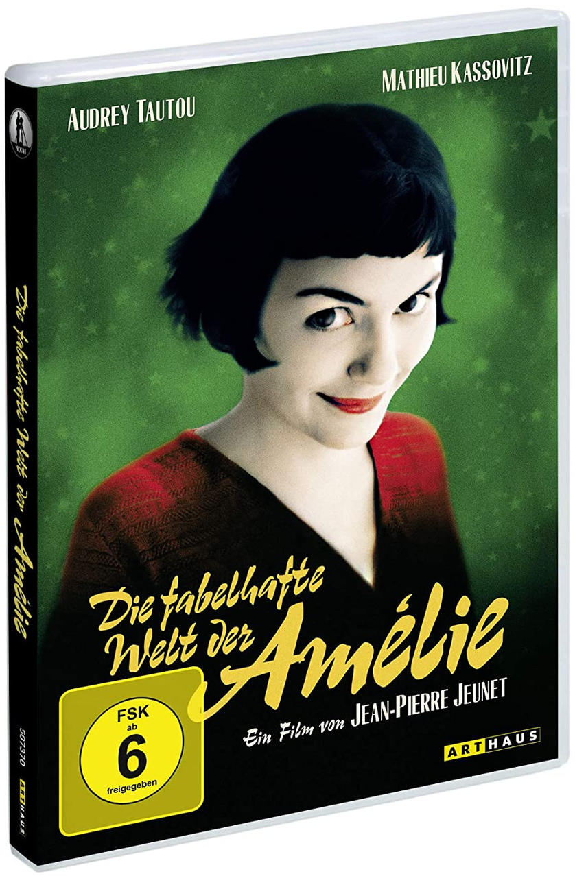 DVD-Cover des Films Amelie. Audrey Tautou lächelt. Grüner Hintergrund, Text in Gelb.
