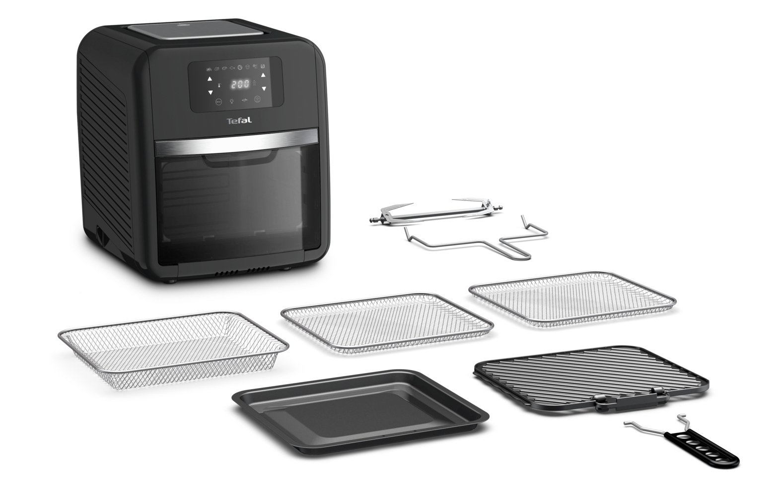 Fekete Tefal légkeveréses fritőz tartozékokkal, fehér felületen.