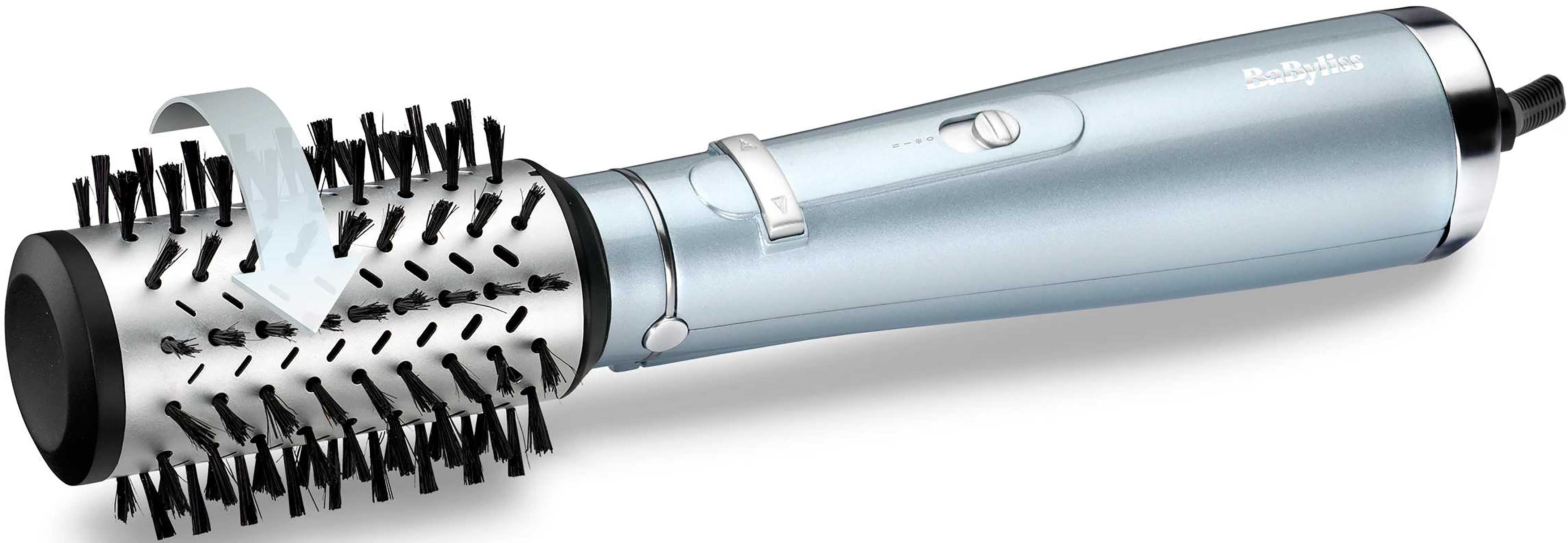 Hair styler, silver and black, with a rotating brush head.
