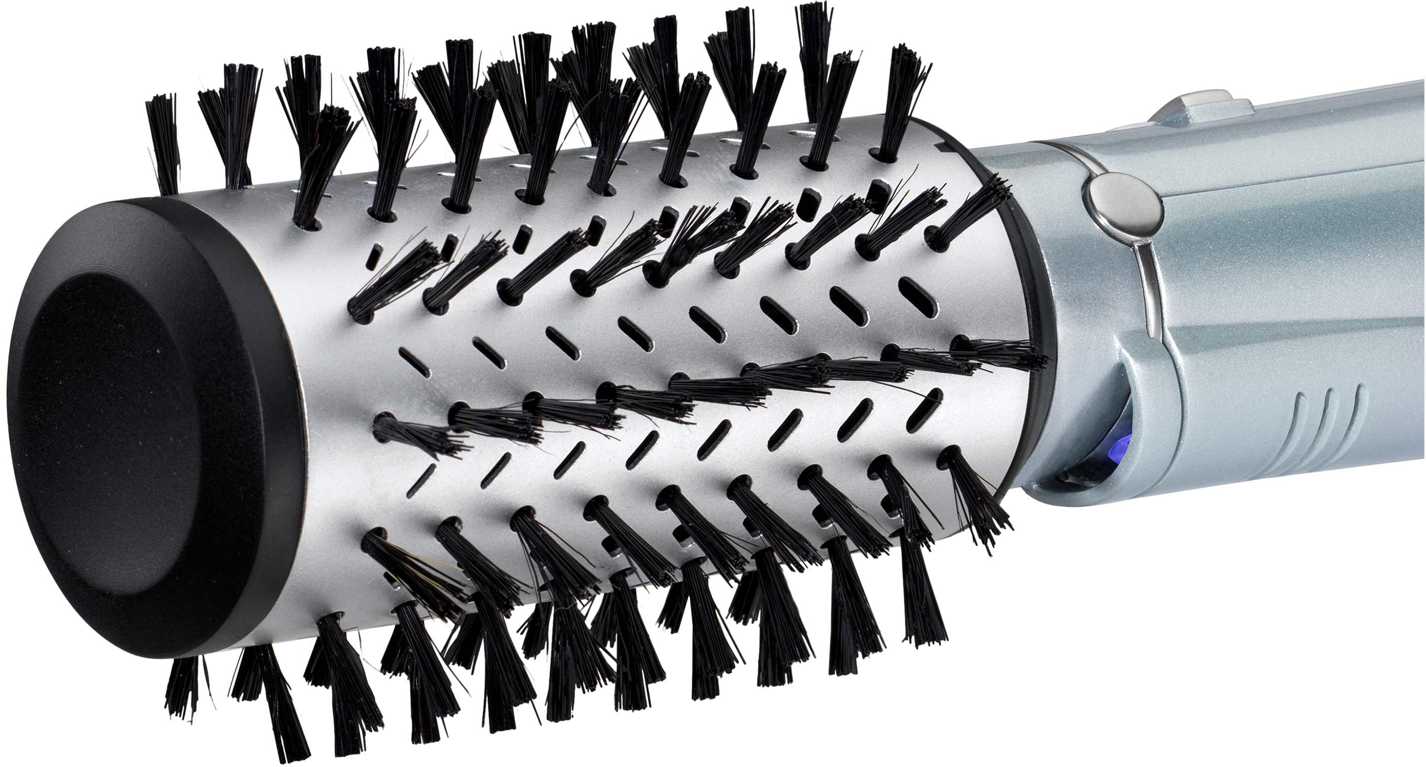 Close-up of a rotating hair styling brush with black bristles and silver body.