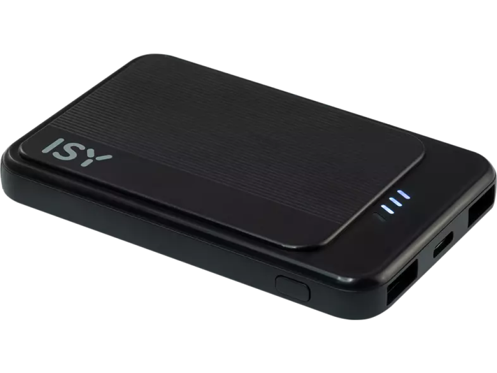 Batería externa negra con el logotipo ISY. Tiene un diseño elegante y tres luces indicadoras azules.