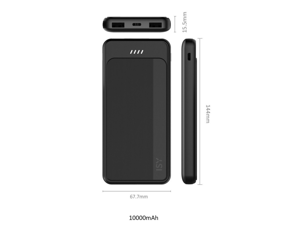 Banco de energía negro con dimensiones y etiqueta 10000mAh.