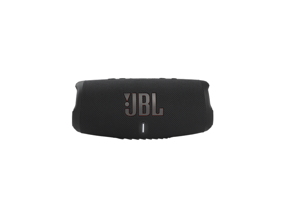 Un altavoz JBL negro sobre un fondo blanco. El logotipo de JBL es blanco.