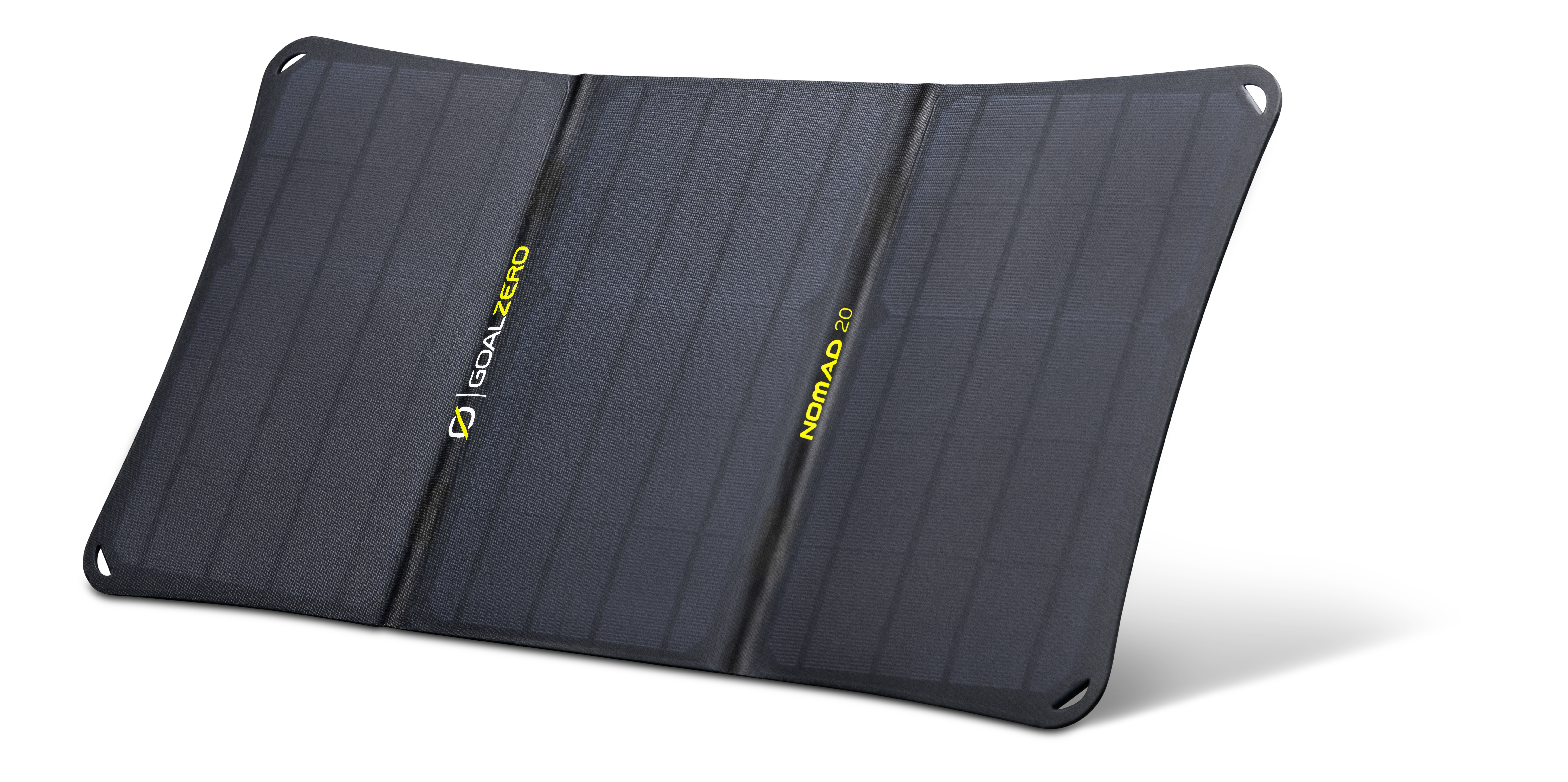 Ein schwarzes Solarpanel mit gelbem Text auf weißem Grund.